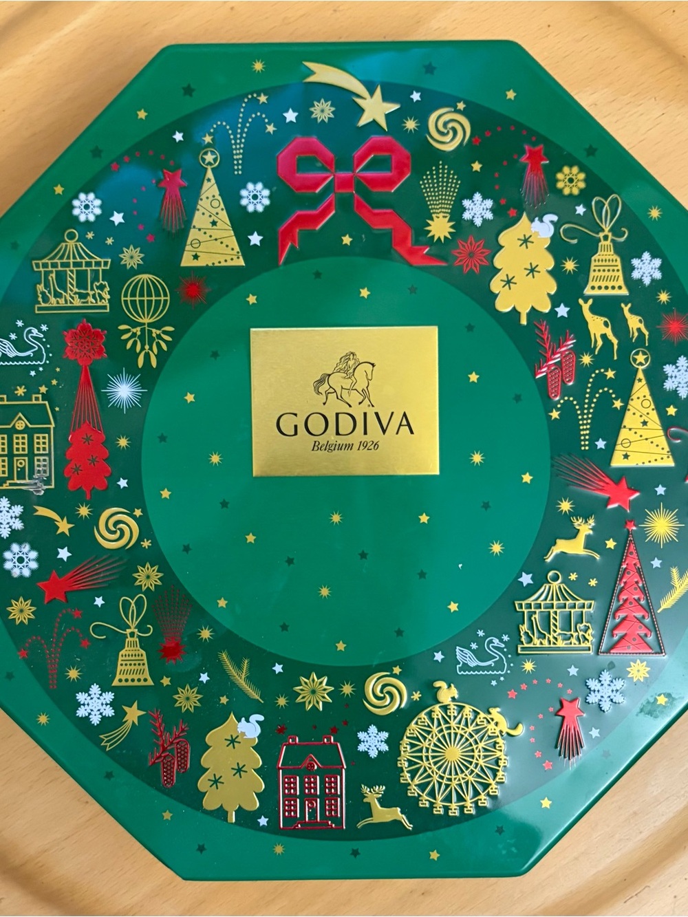 Godiva Holiday Chocolate Tin - Green & Gold Empty EUC
